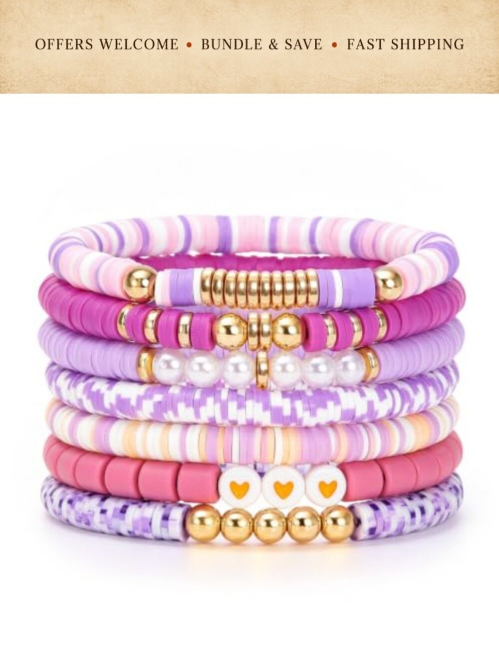 Gold Plated Heishi Clay Beaded Bracelet Set Stretch Stackable 7Pcs
